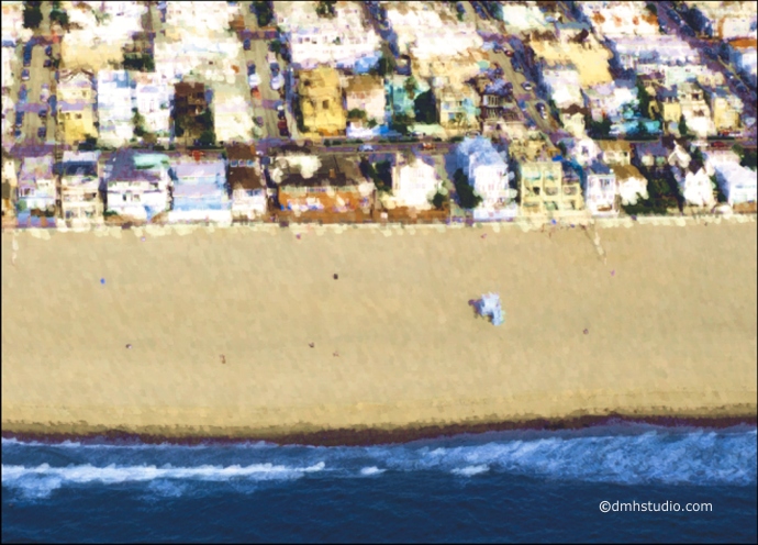 Large graphic image of Hermosa Beach from the air, showing the ocean, beach, and the artists house.
