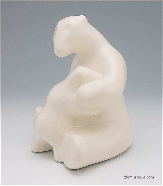 Large image of mother and child polar bear sculpture in carra white, portrait facing to the viewers left.