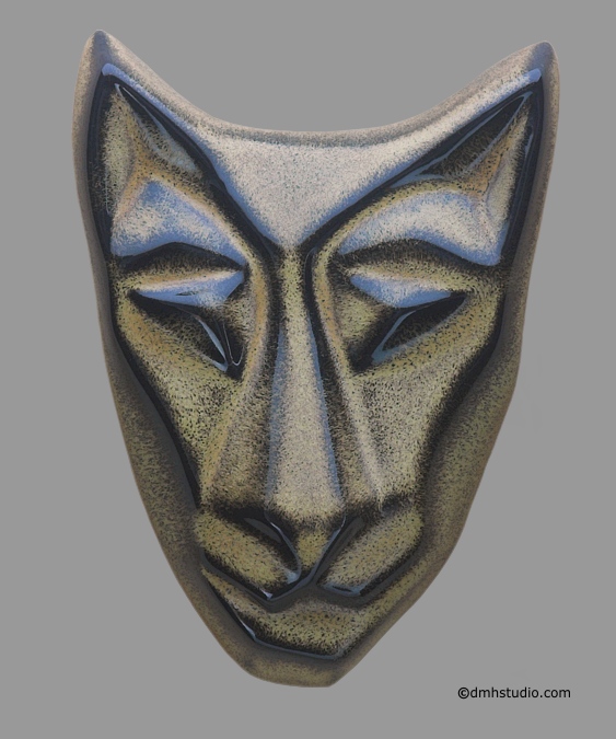 Large image of Baby Cat mask in golden black glaze. Portrait facing the viewer.