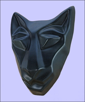 Image of sister cat mask in diamond black. Portrait facing slightly to the viewers left.
